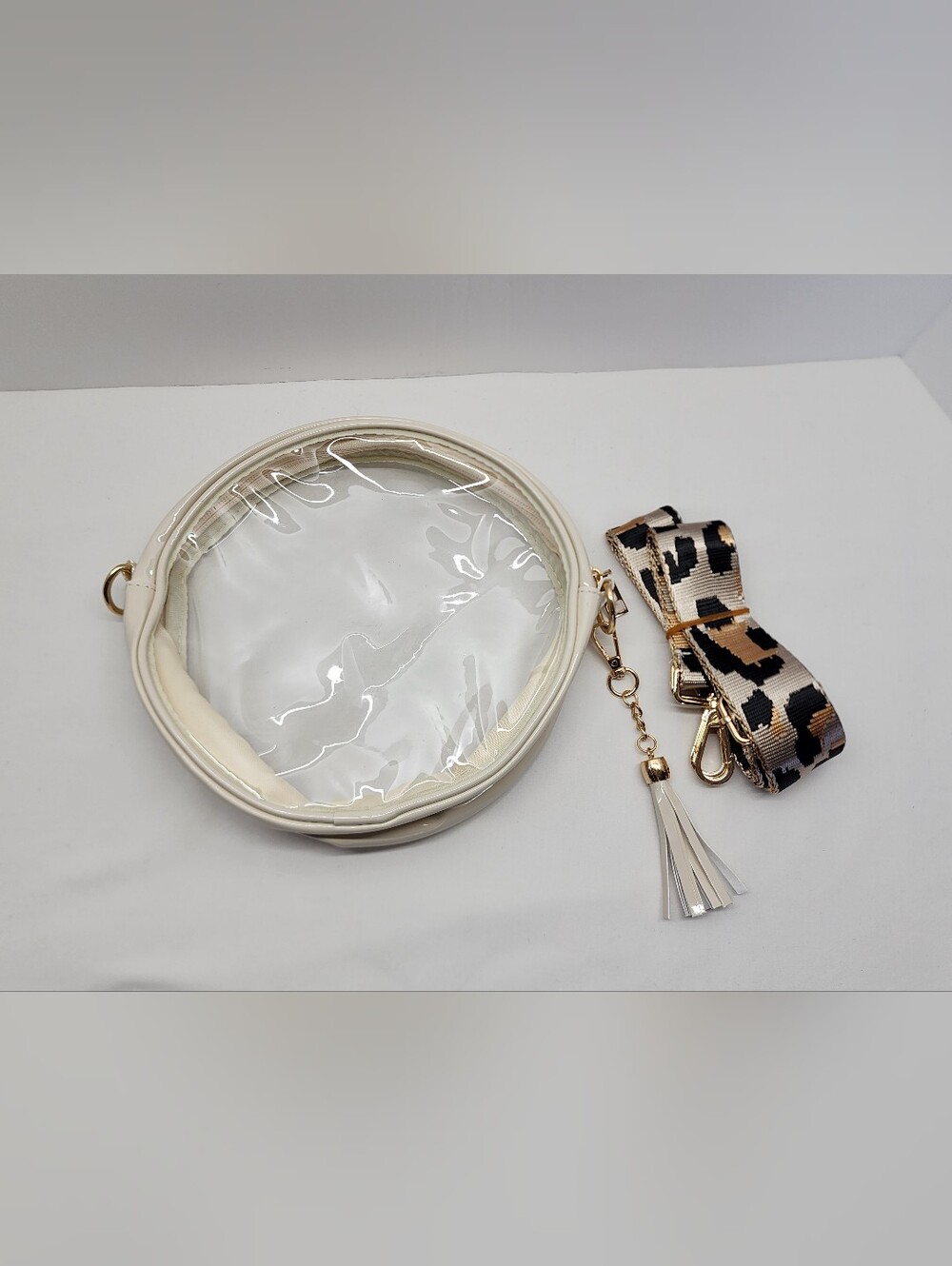 Stadium Approved Cream/Clear Round Crossbody Bag with Leopard Strap